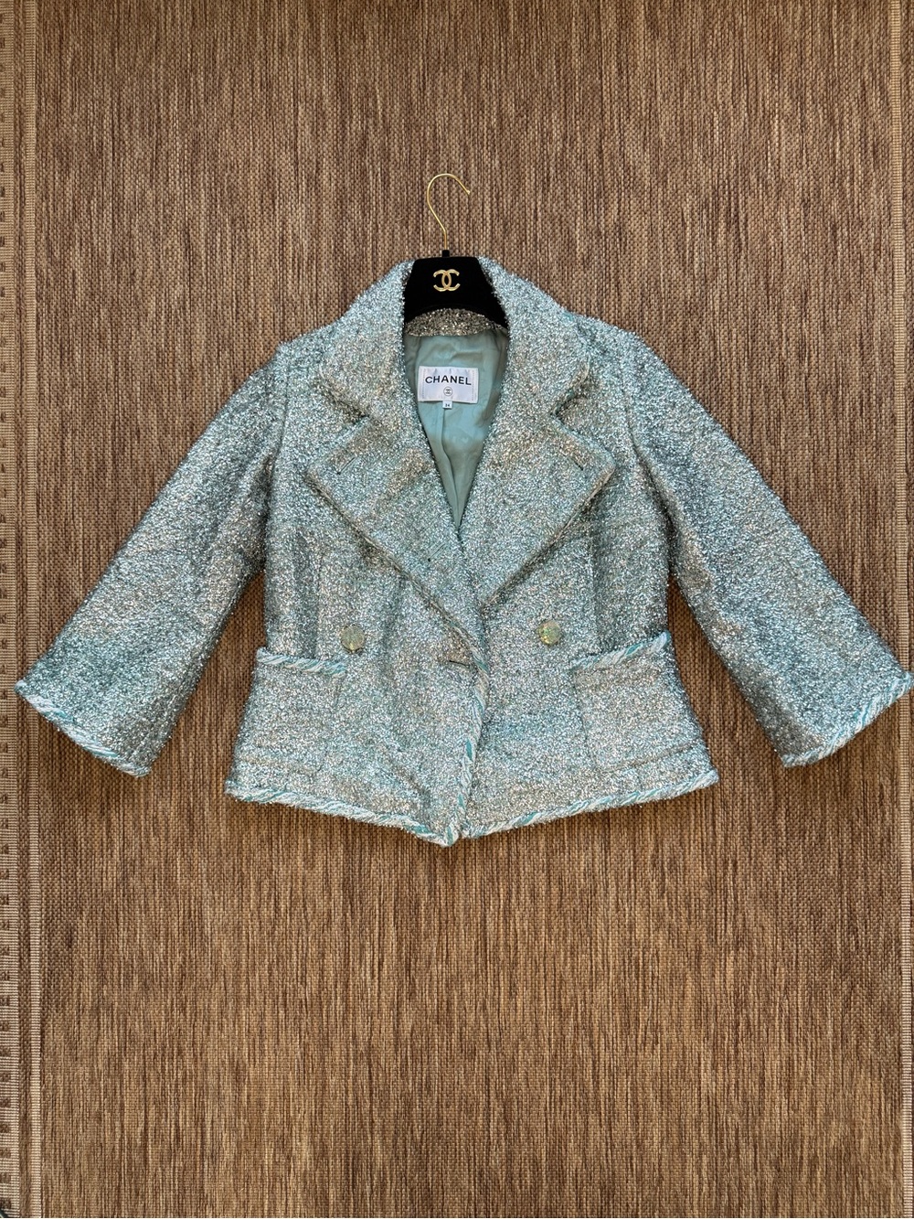 Chanel 18S Fantasy Tweed Blue Green Silver Braided Jacket size 36